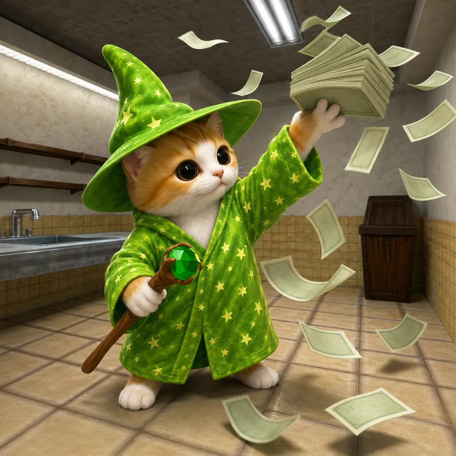 The wizard cat throwing banknotes into the air indoors